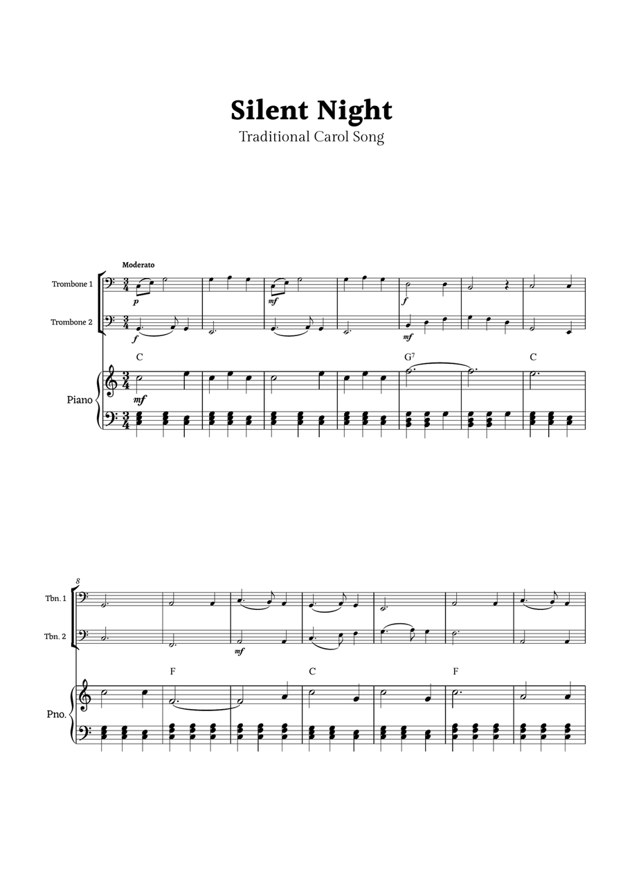 Silent Night for Trombone Duet with Piano Trombone Duet scores gallery preview page 1