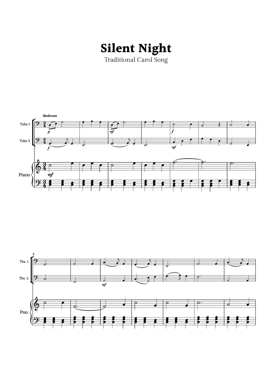 Silent Night for Tuba Duet with Piano Brass Duet scores gallery preview page 1