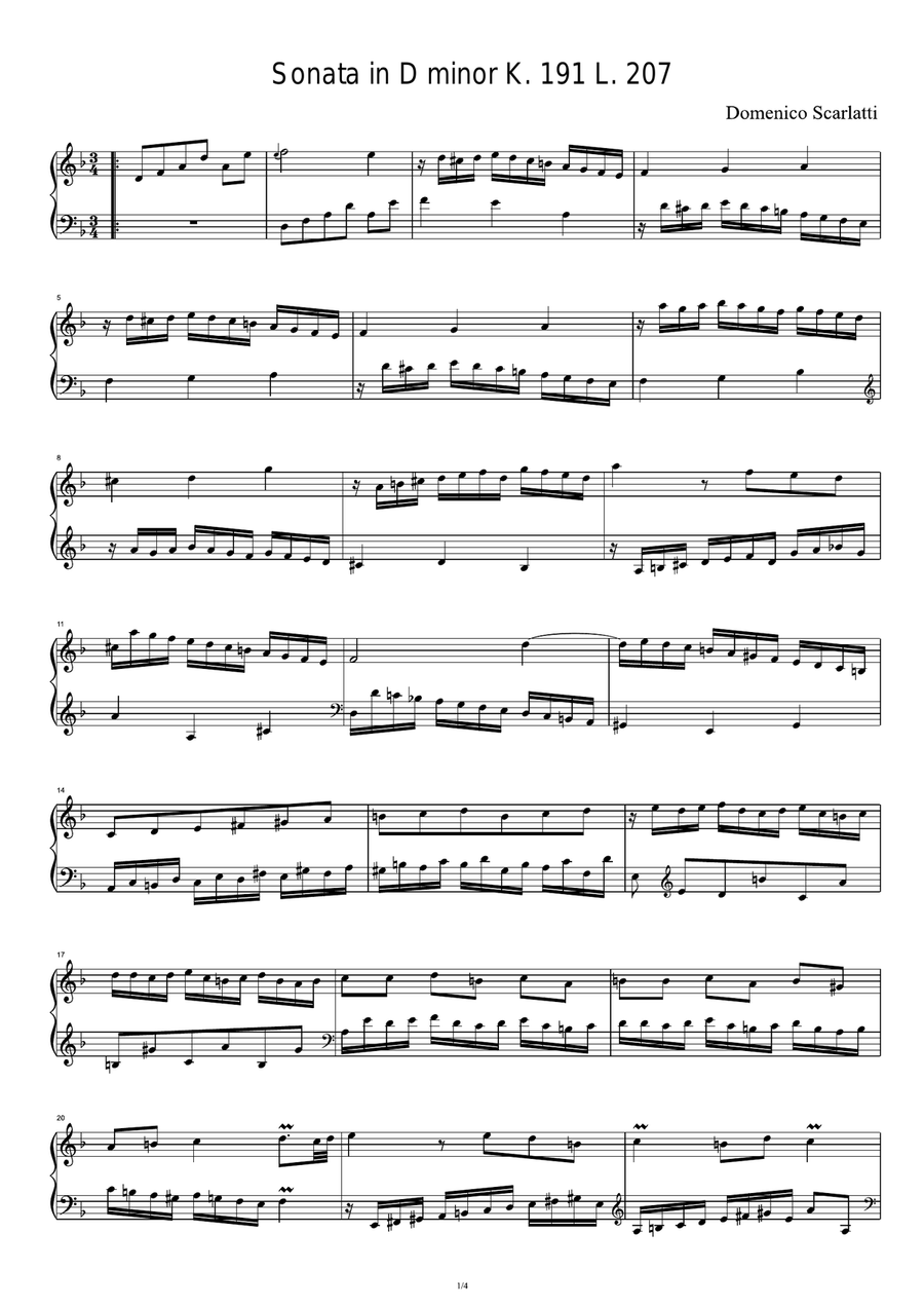 Sonata in D minor K. 191 L. 207 - Domenico Scarlatti Piano Solo scores gallery preview page 1