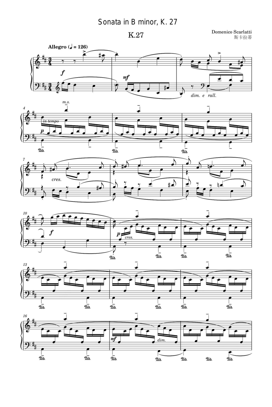 Sonata in B minor, K. 27 - Domenico Scarlatti Piano Solo scores gallery preview page 1