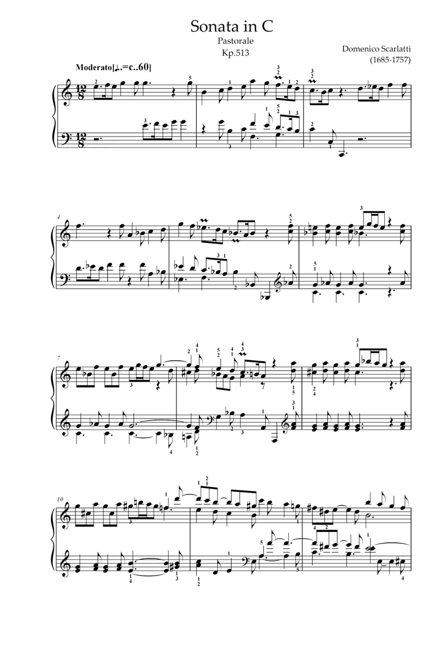 Sonata in C Pastorale Kp.513 - Domenico Scarlatti Piano Solo scores gallery preview page 1