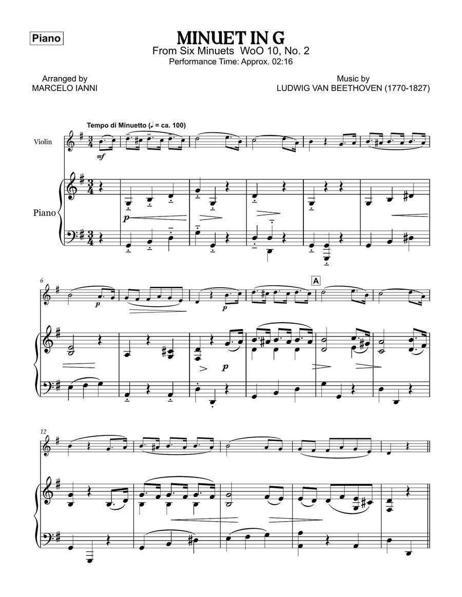 Minuet in G (From Six Minuets WoO 10, No. 2) Violin Solo scores gallery preview page 1