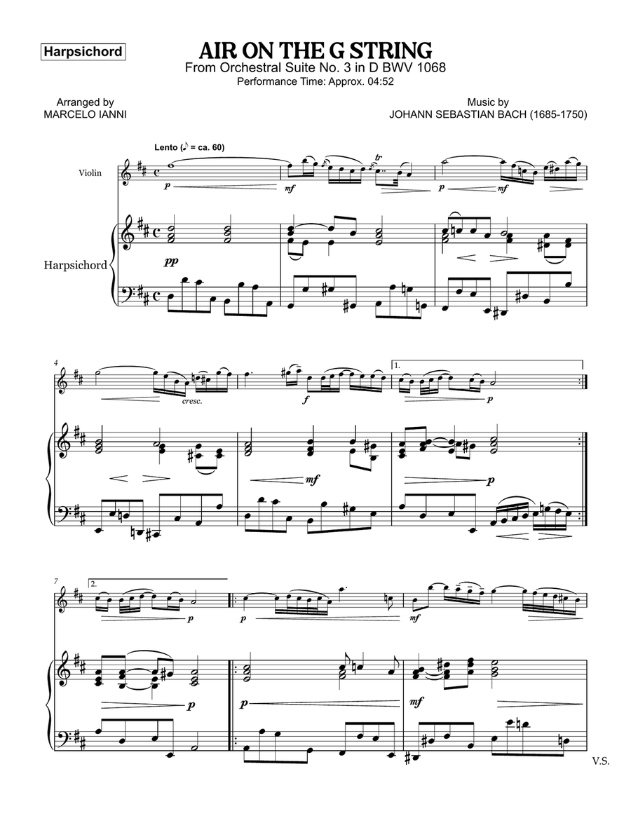Air on The G String (From Orchestral Suite No. 3 in D BWV 1068) Violin Solo scores gallery preview page 1