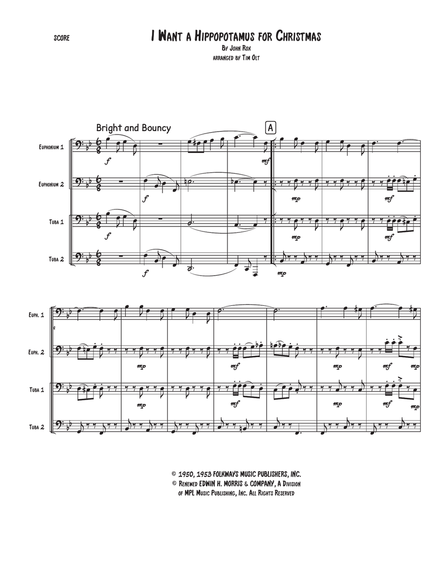 I Want A Hippopotamus For Christmas (Hippo The Hero) Brass Quartet scores gallery preview page 1
