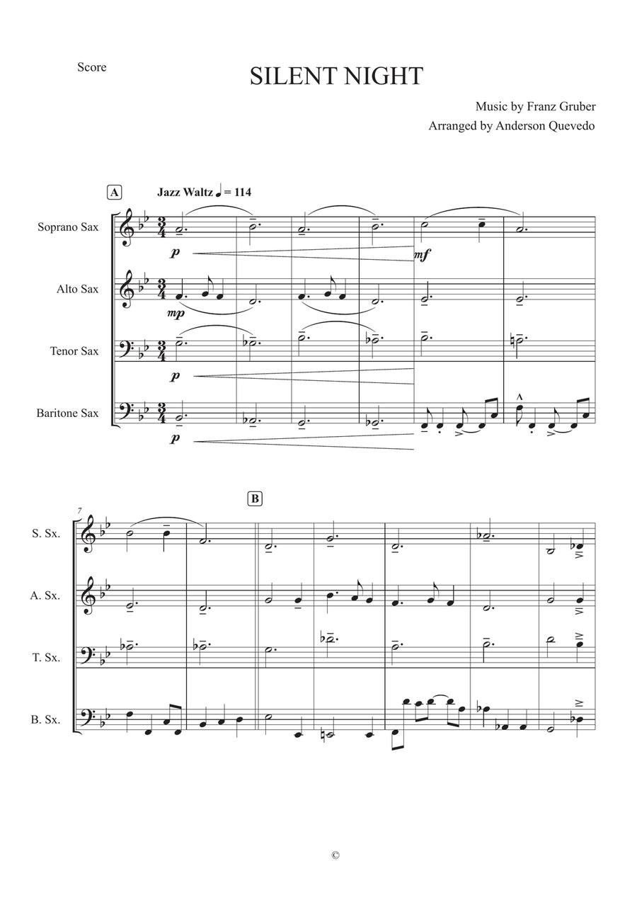 Silent Night for Sax Quartet SATB Saxophone Quartet scores gallery preview page 1