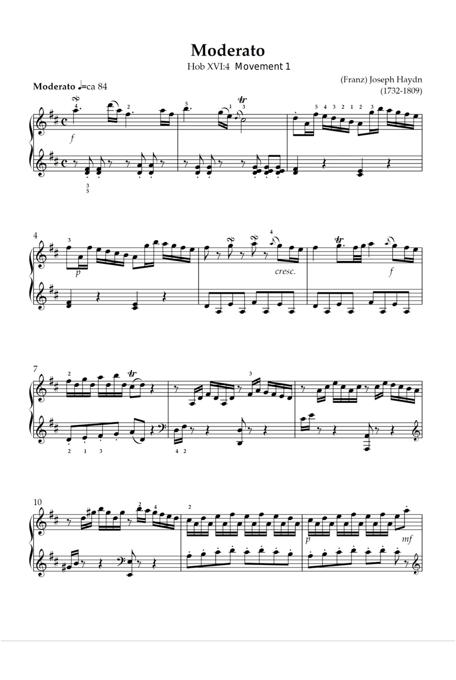 Moderato Hob XVI 4 Movement 1 - Franz Joseph Haydn Piano Solo scores gallery preview page 1