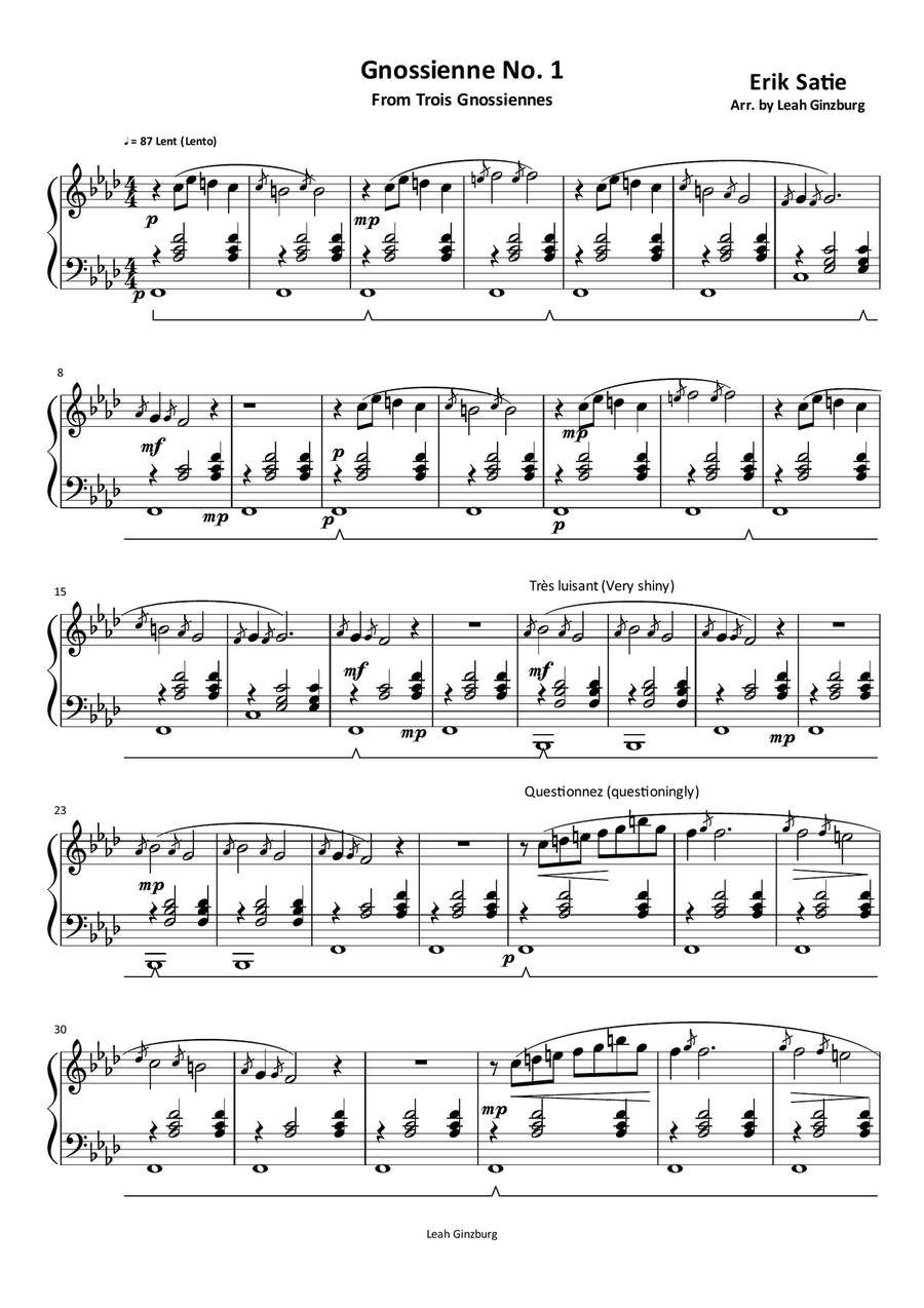 Gnossienne No. 1 by Erik Satie Piano Solo scores gallery preview page 1