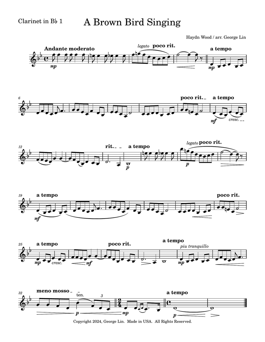 A Brown Bird Singing (by Haydn Wood). Arranged for Clarinet Quartet (3 Bb + Bass) Clarinet Quartet scores gallery preview page 1