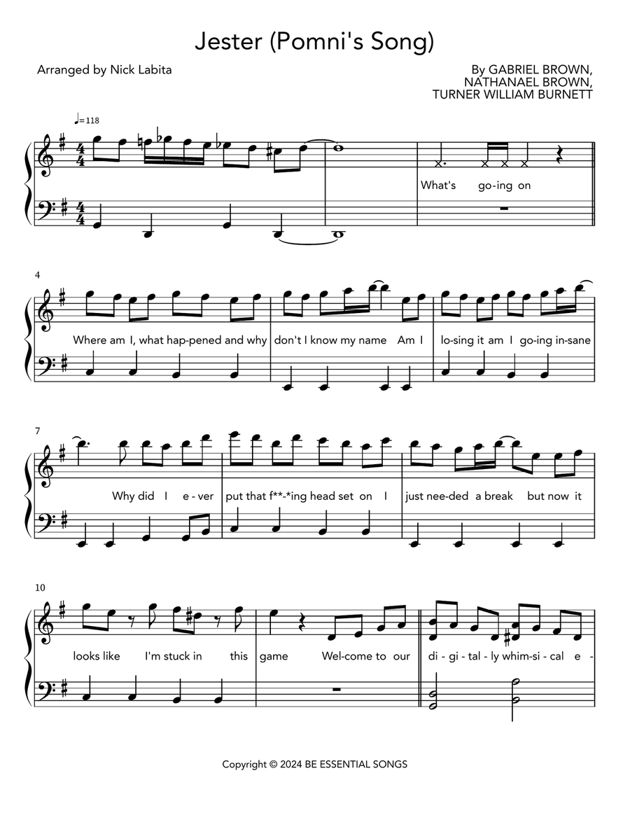 Jester (Pomni's Song) Jester (Pomni's Song) Piano scores gallery preview page 1