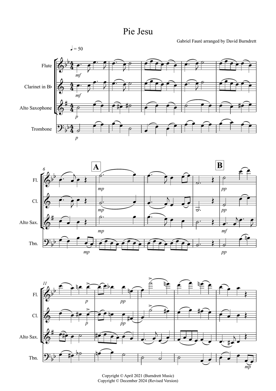 Pie Jesu (from Requiem) for Flute or Clarinet, Alto Saxophone and Trombone Trio Small Ensemble scores gallery preview page 1