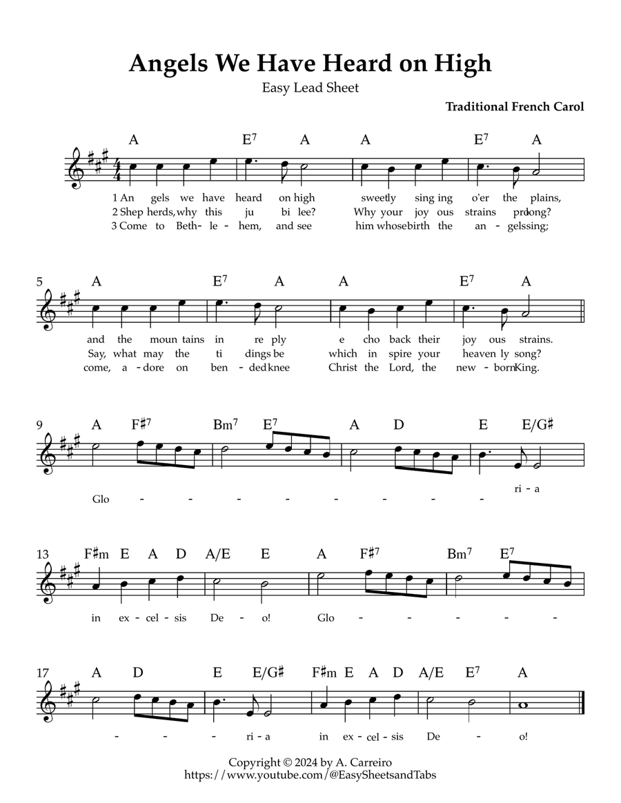 Angels We Have Heard on High - Easy Lead Sheet (A major) Piano scores gallery preview page 1