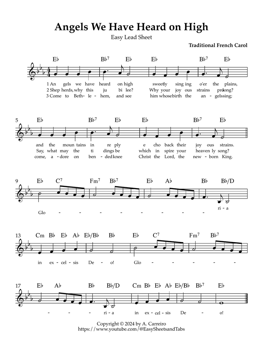 Angels We Have Heard on High - Easy Lead Sheet (Eb major) Piano scores gallery preview page 1