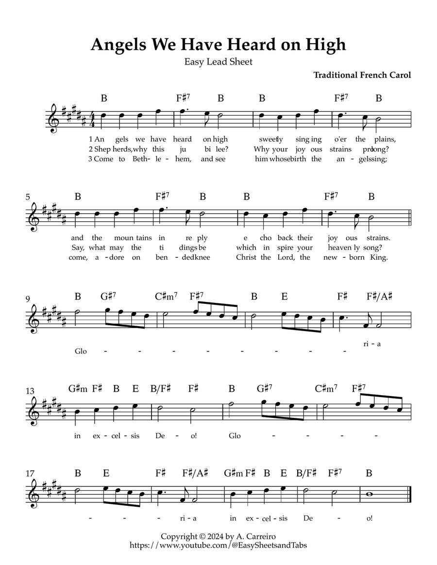 Angels We Have Heard on High - Easy Lead Sheet (B major) Piano scores gallery preview page 1