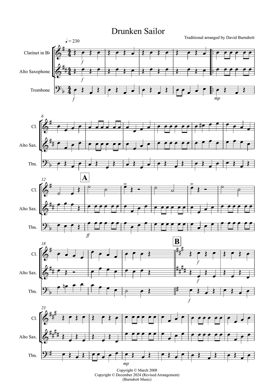 Drunken Sailor for Clarinet, Alto Saxophone and Trombone Trio Small Ensemble scores gallery preview page 1