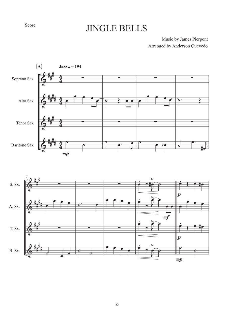Jingle Bells for Saxophone Quartet SATB Saxophone Quartet scores gallery preview page 1