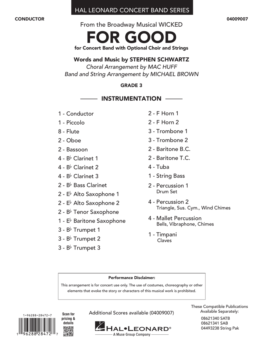 For Good (from Wicked) (arr. Michael Brown) - Conductor Score (Full Score) Concert Band scores gallery preview page 1