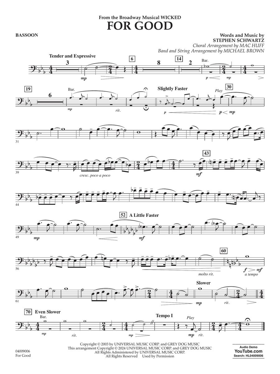 For Good (from Wicked) (arr. Michael Brown) - Bassoon Concert Band scores gallery preview page 1