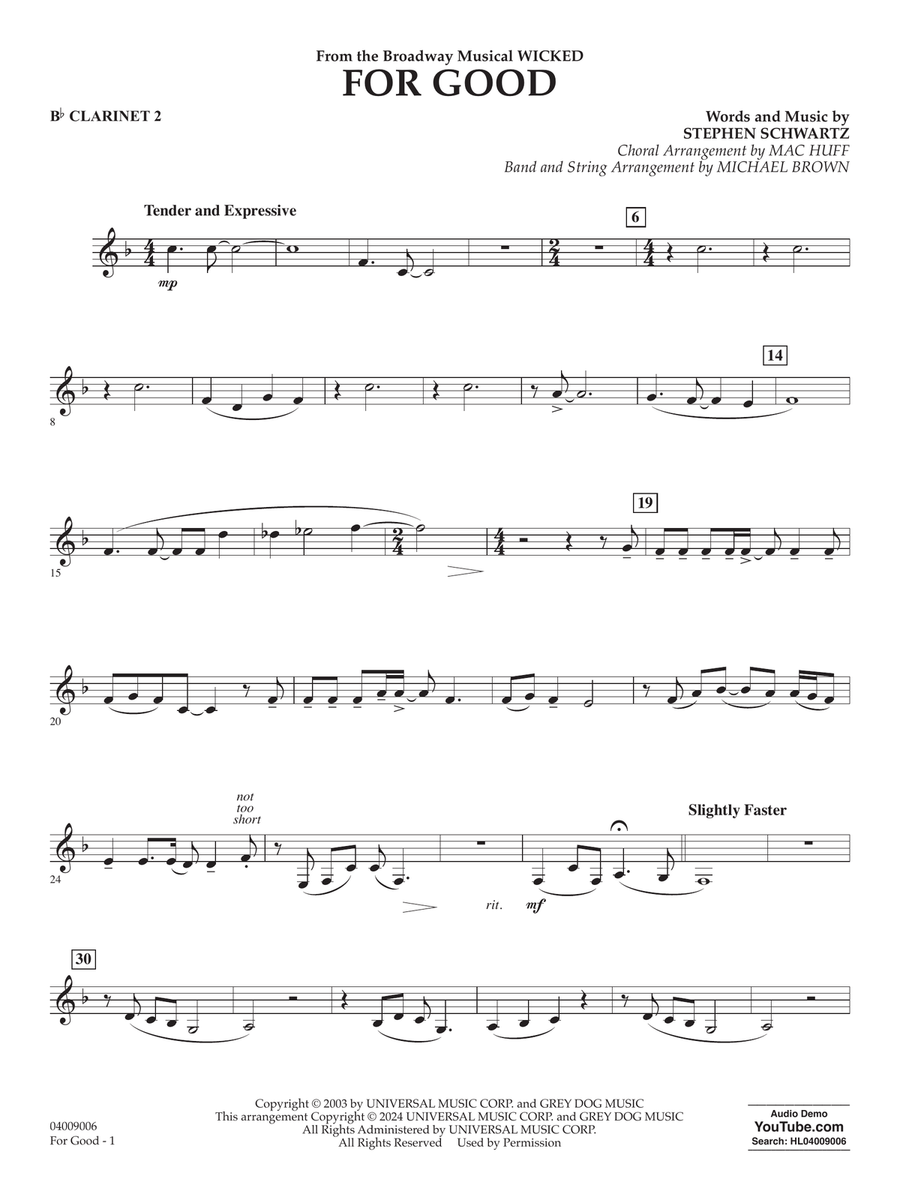 For Good (from Wicked) (arr. Michael Brown) - Bb Clarinet 2 Concert Band scores gallery preview page 1