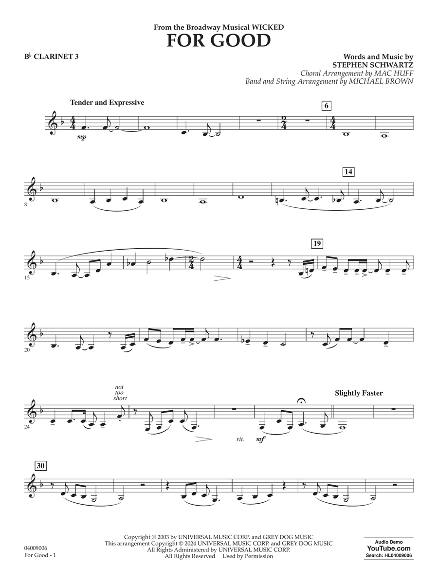 For Good (from Wicked) (arr. Michael Brown) - Bb Clarinet 3 Concert Band scores gallery preview page 1