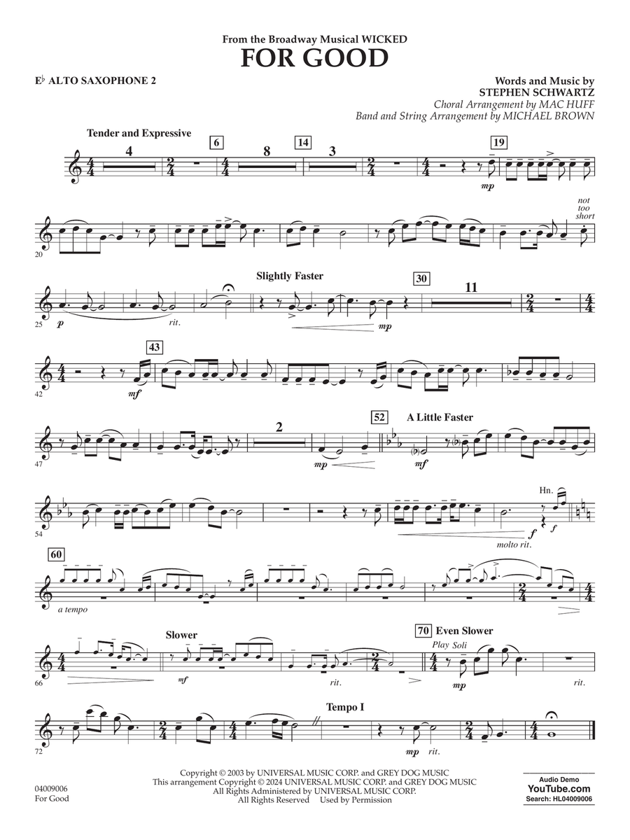 For Good (from Wicked) (arr. Michael Brown) - Eb Alto Saxophone 2 Concert Band scores gallery preview page 1