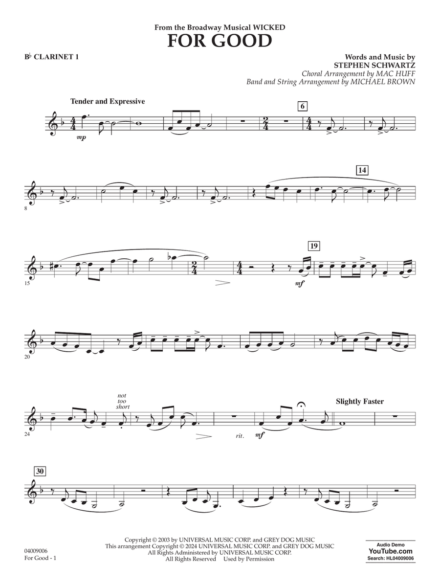For Good (from Wicked) (arr. Michael Brown) - Bb Clarinet 1 Concert Band scores gallery preview page 1