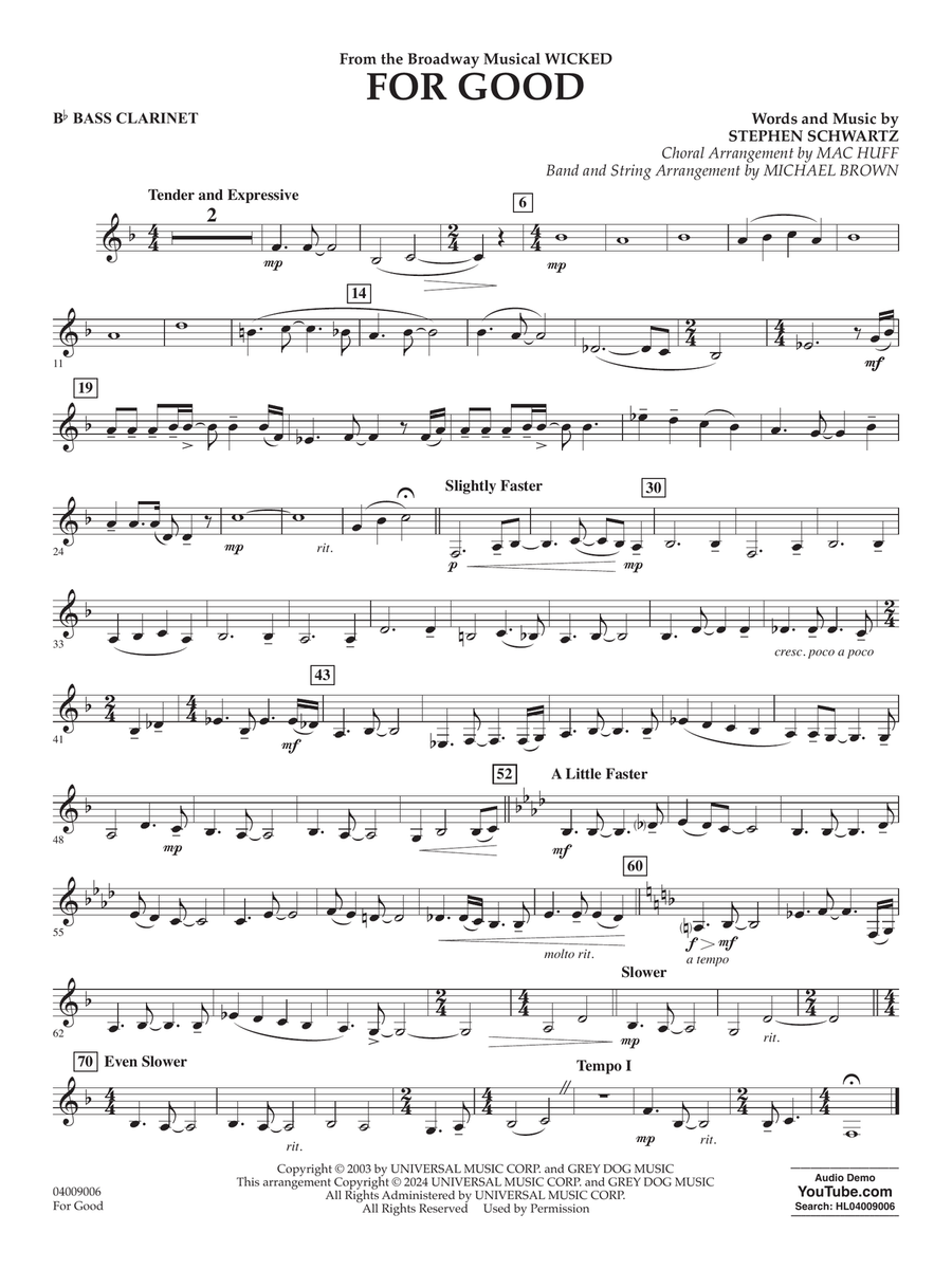 For Good (from Wicked) (arr. Michael Brown) - Bb Bass Clarinet Concert Band scores gallery preview page 1