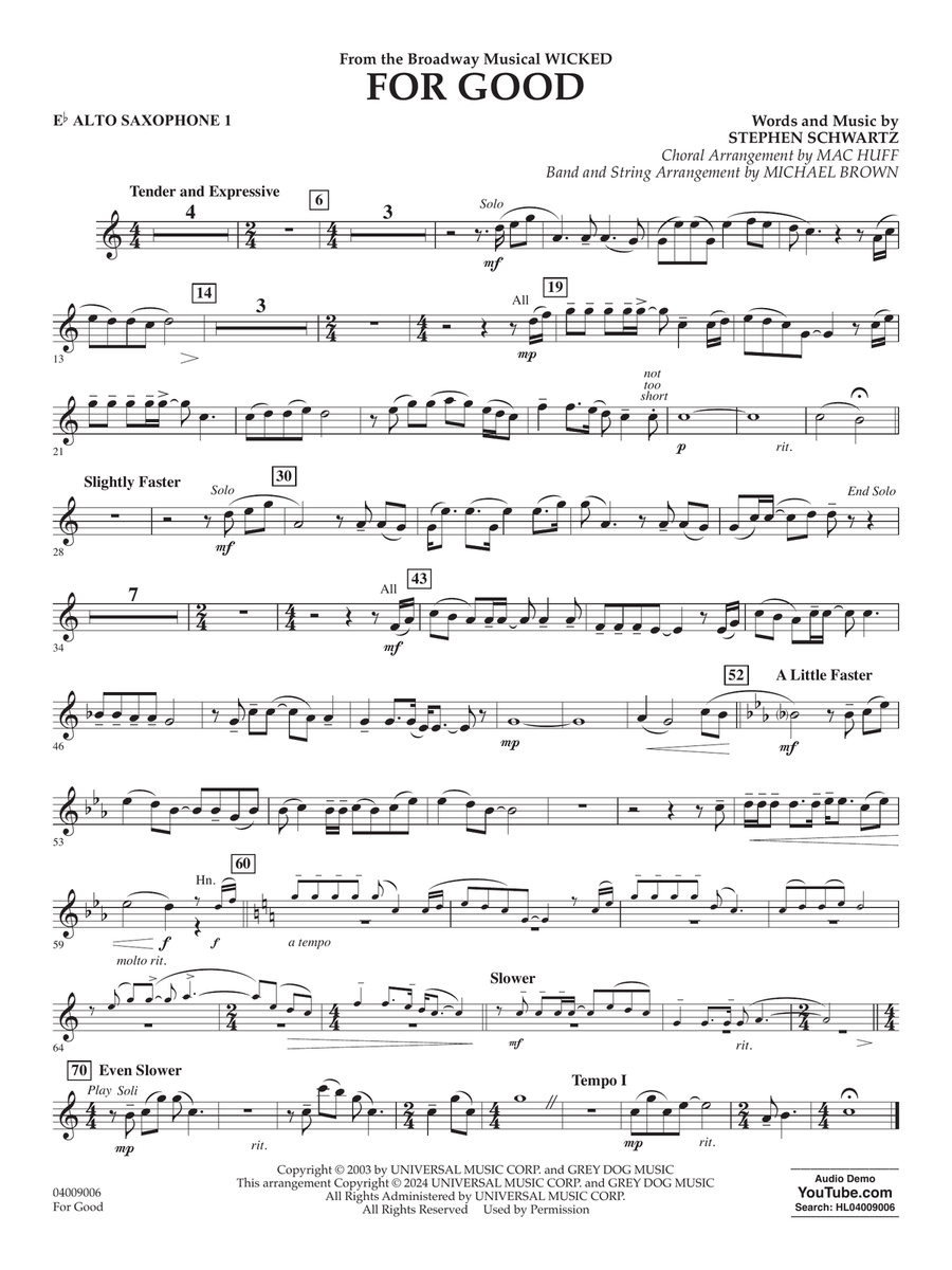 For Good (from Wicked) (arr. Michael Brown) - Eb Alto Saxophone 1 Concert Band scores gallery preview page 1