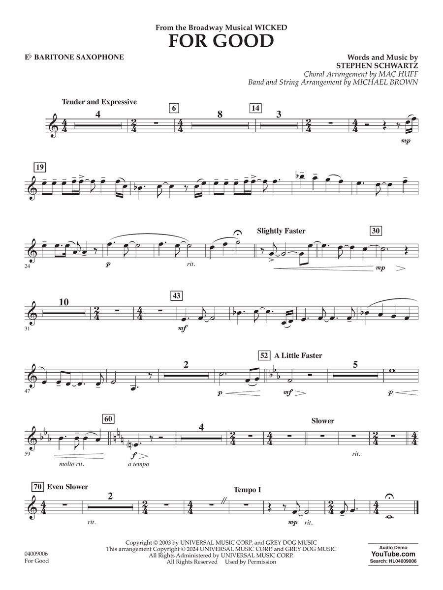 For Good (from Wicked) (arr. Michael Brown) - Eb Baritone Saxophone Concert Band scores gallery preview page 1