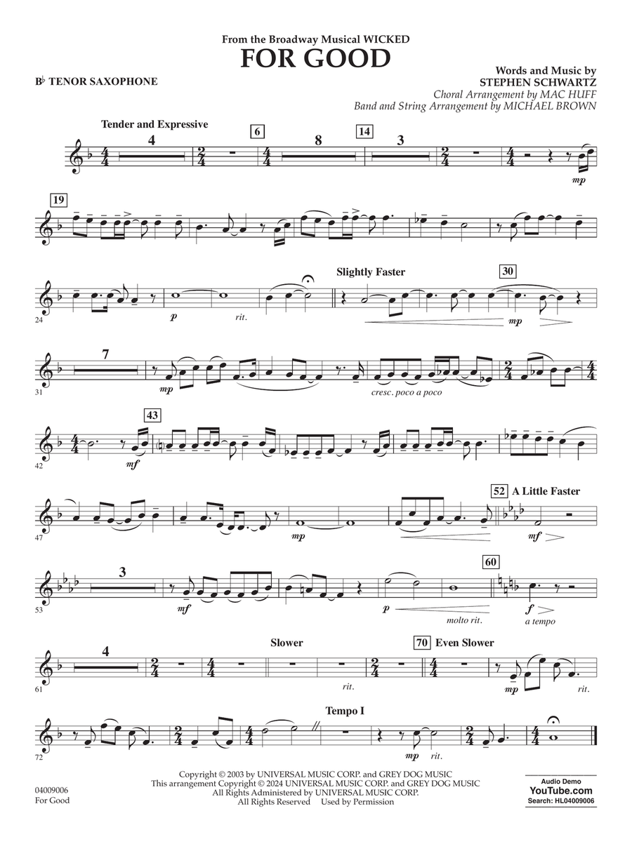 For Good (from Wicked) (arr. Michael Brown) - Bb Tenor Saxophone Concert Band scores gallery preview page 1