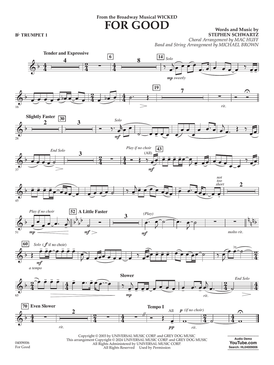 For Good (from Wicked) (arr. Michael Brown) - Bb Trumpet 1 Concert Band scores gallery preview page 1