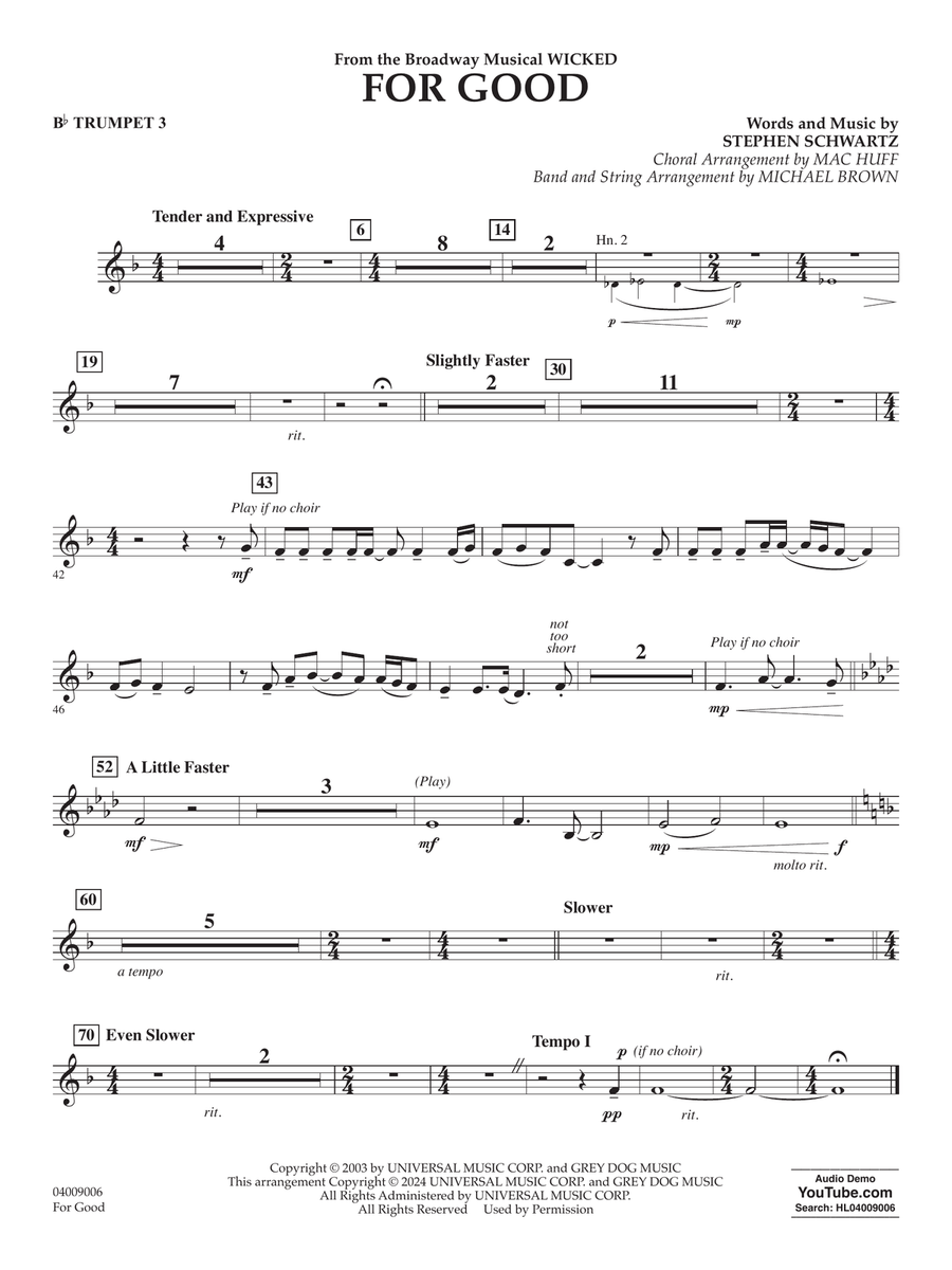 For Good (from Wicked) (arr. Michael Brown) - Bb Trumpet 3 Concert Band scores gallery preview page 1