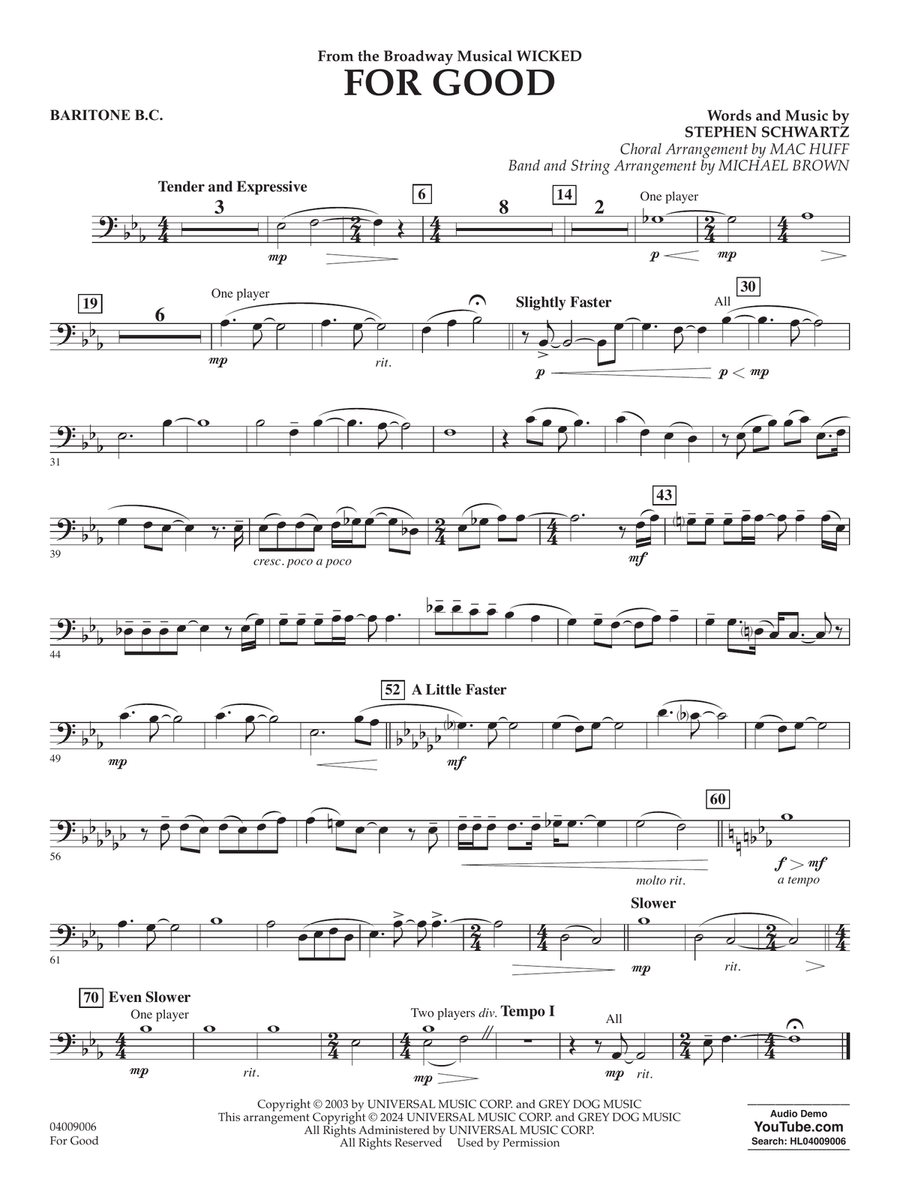 For Good (from Wicked) (arr. Michael Brown) - Baritone B.C. Concert Band scores gallery preview page 1