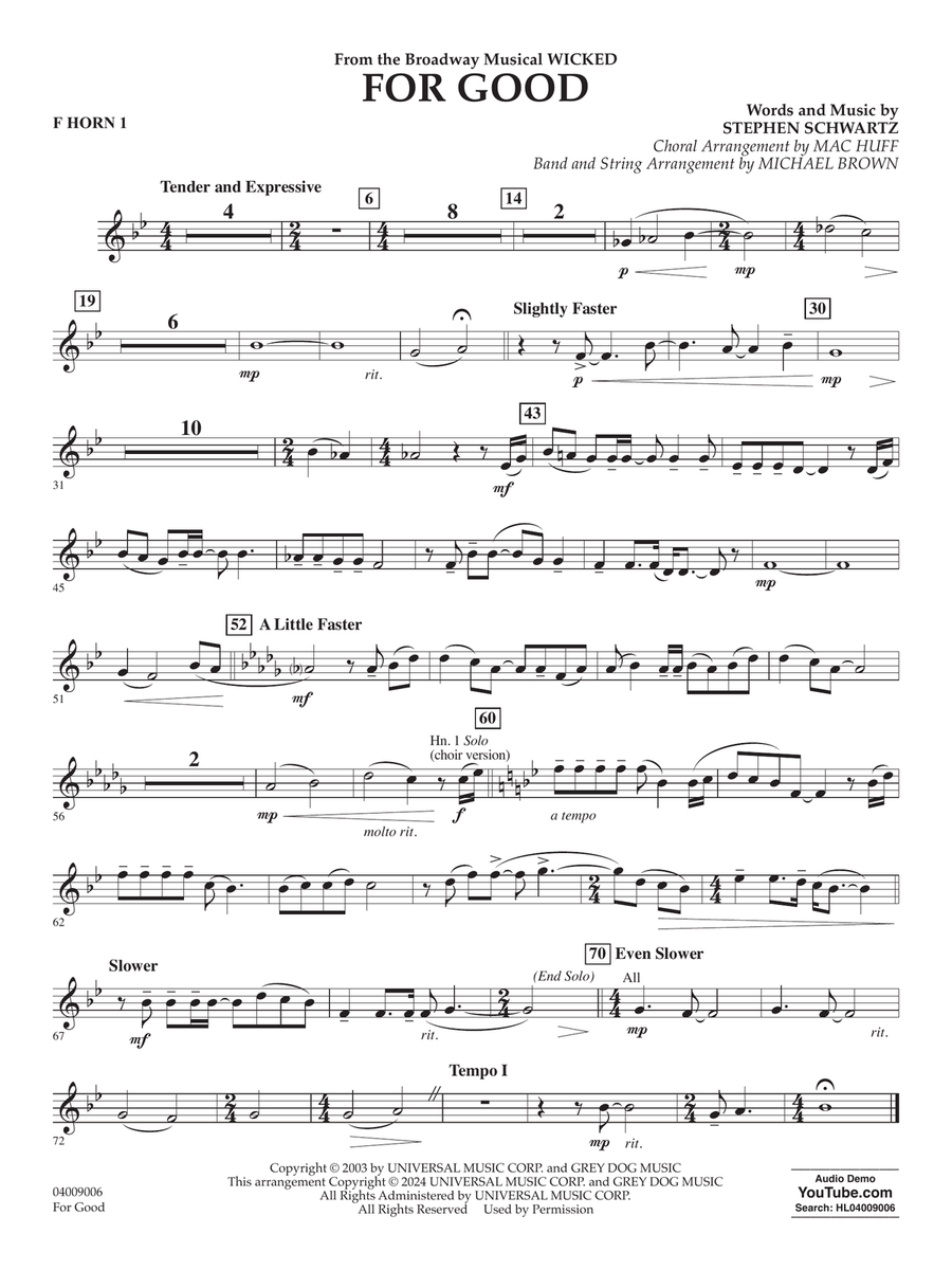 For Good (from Wicked) (arr. Michael Brown) - F Horn 1 Concert Band scores gallery preview page 1