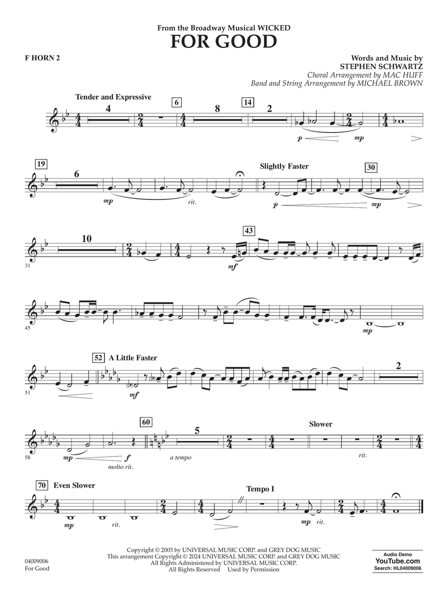 For Good (from Wicked) (arr. Michael Brown) - F Horn 2 Concert Band scores gallery preview page 1