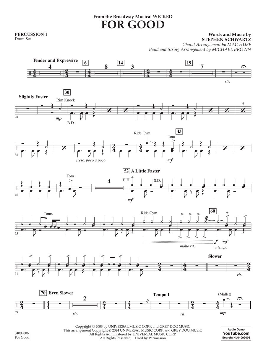 For Good (from Wicked) (arr. Michael Brown) - Percussion 1 Concert Band scores gallery preview page 1