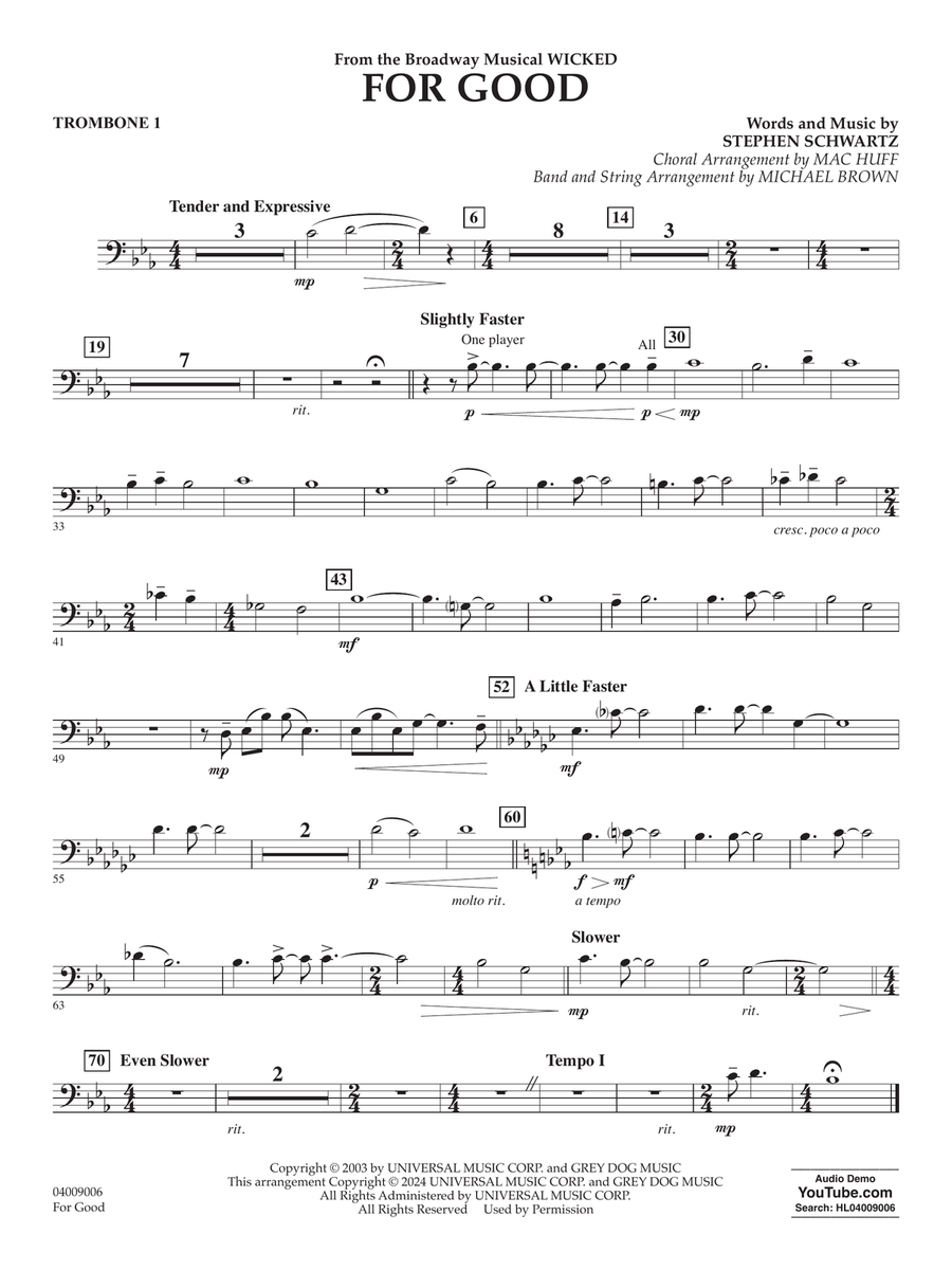 For Good (from Wicked) (arr. Michael Brown) - Trombone 1 Concert Band scores gallery preview page 1