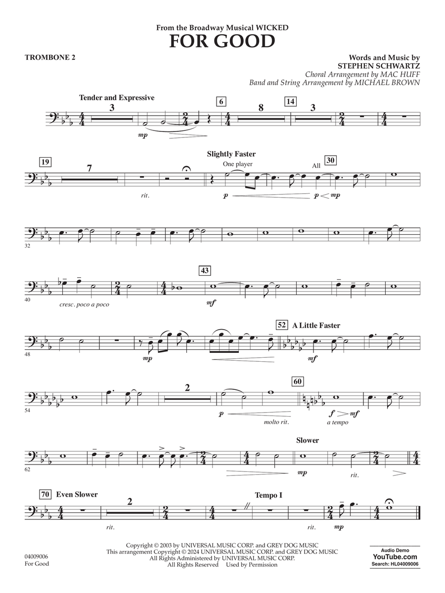 For Good (from Wicked) (arr. Michael Brown) - Trombone 2 Concert Band scores gallery preview page 1