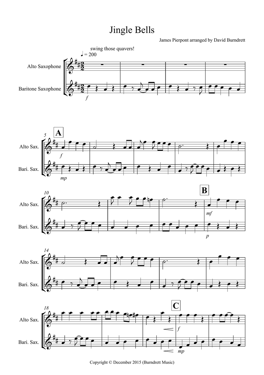 Jingle Bells (Jazzy Style!) for Alto and Baritone Saxophone Duet Woodwind Duet scores gallery preview page 1