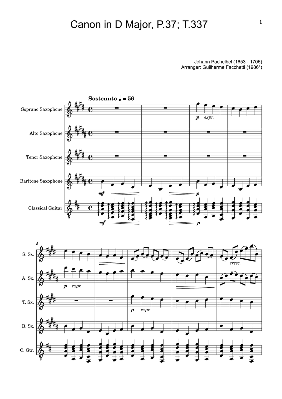 Canon in D Major, P.37; T.337. Arranged for Saxophone Quartet and Guitar. Score and Parts Saxophone Quartet scores gallery preview page 1