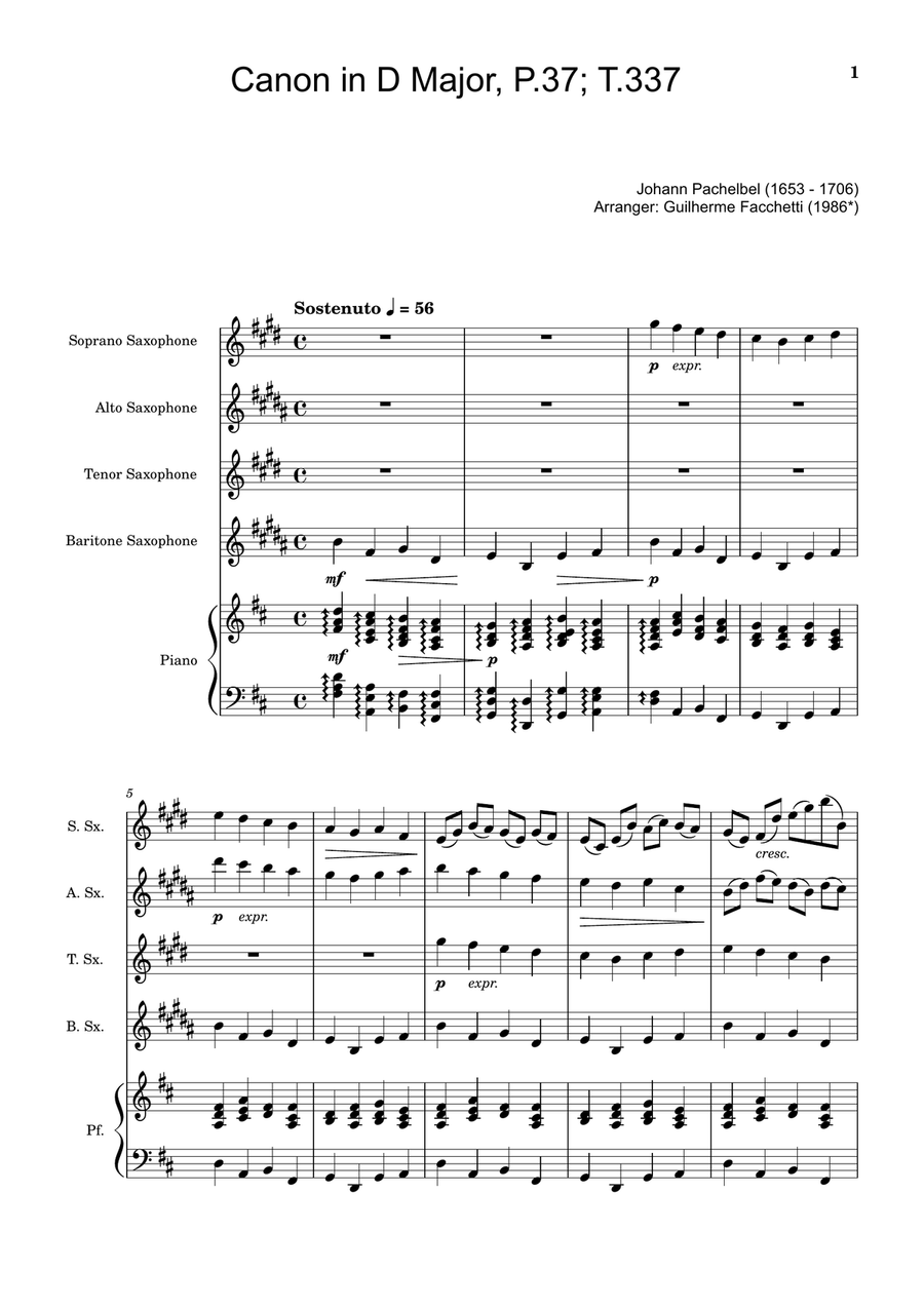 Canon in D Major, P.37; T.337 - Arranged for Saxophone Quartet and Piano. Score and Parts. Woodwind Ensemble scores gallery preview page 1