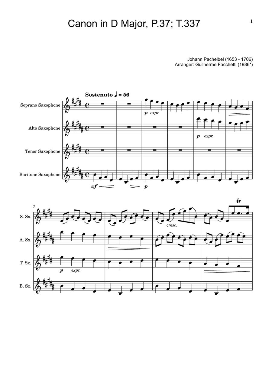 Canon in D Major, P.37; T.337. Arranged for Saxophone Quartet. Score and Parts Saxophone Quartet scores gallery preview page 1