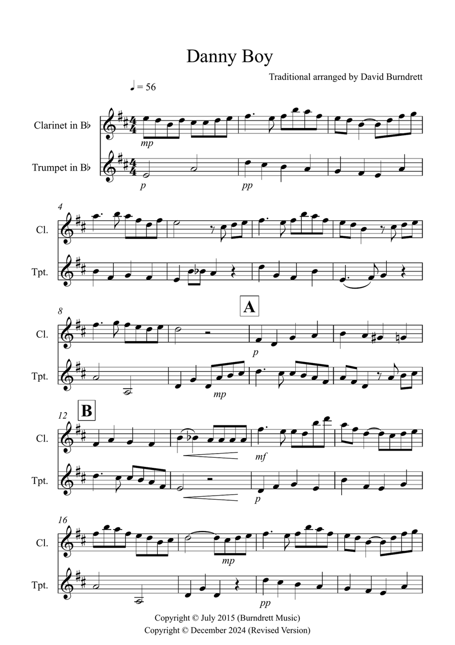 Danny Boy for Clarinet and Trumpet Duet B-Flat Clarinet scores gallery preview page 1