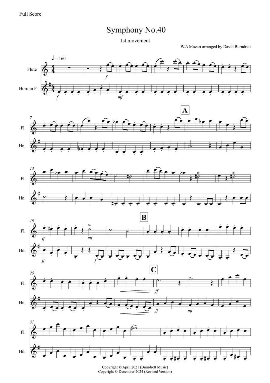 Symphony No.40 (1st movement) for Flute and Horn Duet Woodwind Duet scores gallery preview page 1