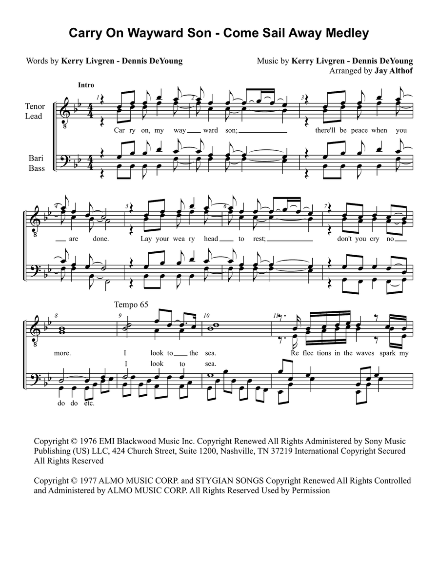 Medley: Carry On Wayward Son with Come Sail Away TTBB scores gallery preview page 1
