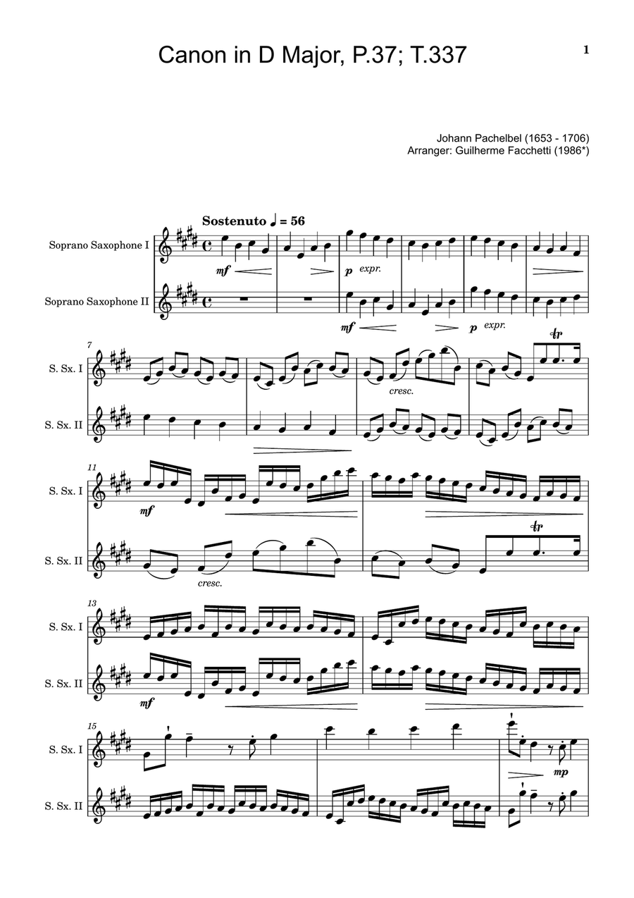 Canon in D Major, P.37; T.337. Arranged for Soprano Saxophone Duet. Woodwind Duet scores gallery preview page 1