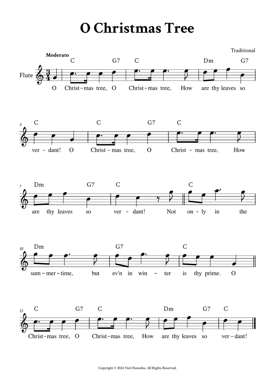O Christmas Tree - Flute in C (with Chords, Lyrics) Flute Solo scores gallery preview page 1