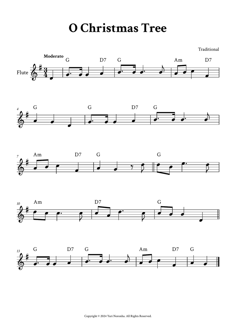 O Christmas Tree - Flute in G (with Chords) Flute Solo scores gallery preview page 1