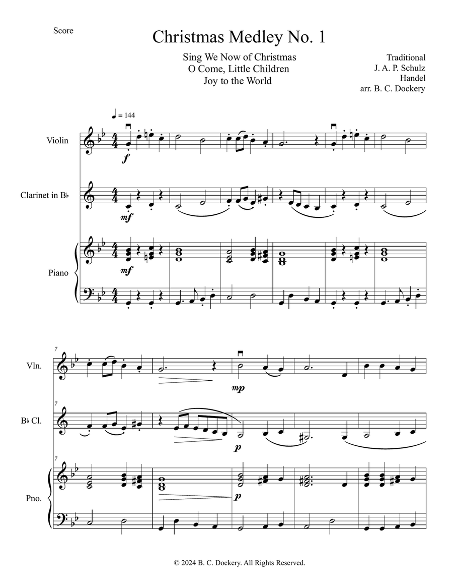 Christmas Medley No. 1 (Violin and Clarinet Duet with Piano Accompaniment) Clarinet Duet scores gallery preview page 1