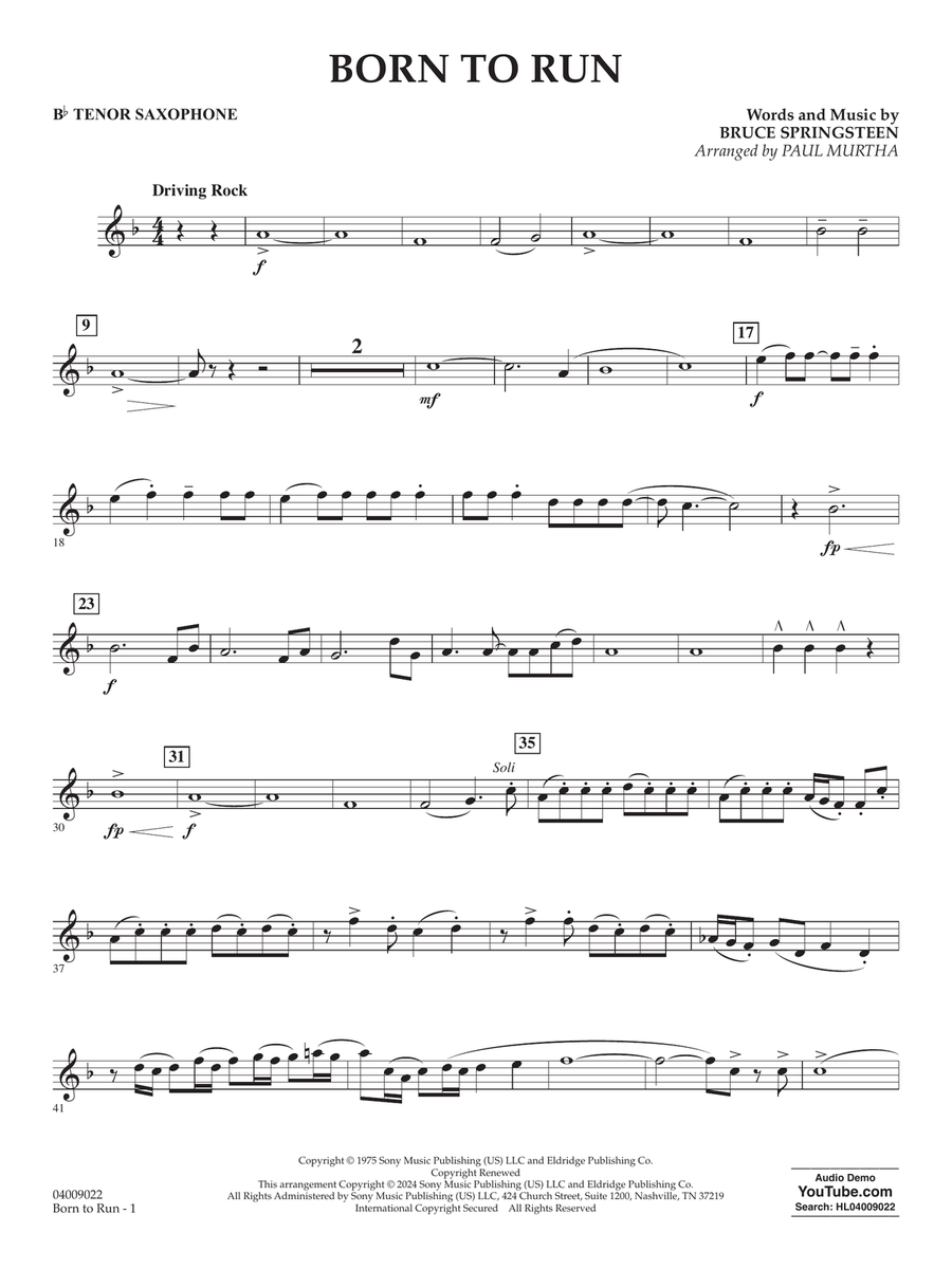 Born To Run (arr. Paul Murtha) - Bb Tenor Saxophone Concert Band scores gallery preview page 1