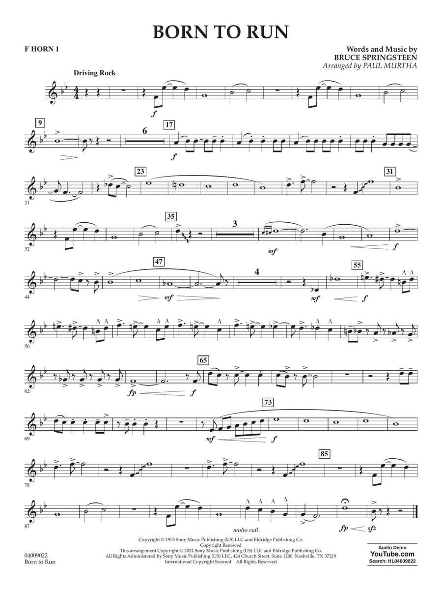 Born To Run (arr. Paul Murtha) - F Horn 1 Concert Band scores gallery preview page 1